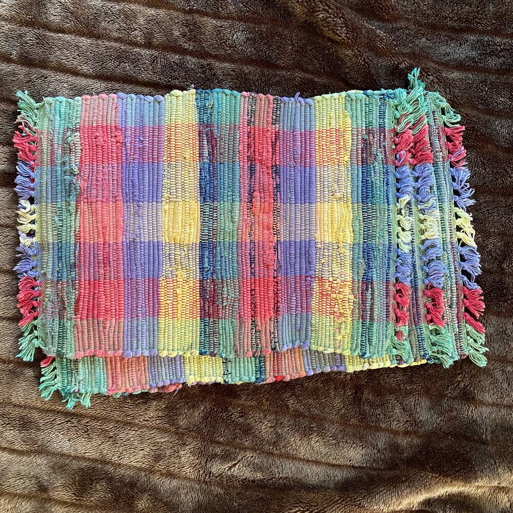 Set of‎ 4 Multicolor Plaid Fringed Thick Woven Cotton Placemats IMMACULATE!